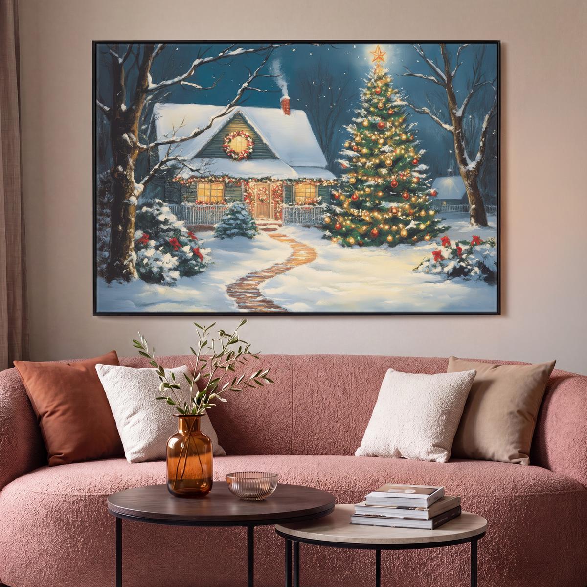 LEINWAND Bilder mit Rahmen - Weihnachten - Weihnachtsbaum - Winter - Zuhause - Schnee - 140x90 - Smaragdgrün, Textil (140/90cm) - MuchoWow