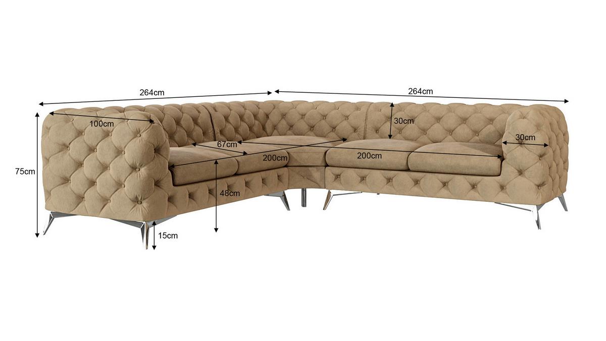 ECKSOFA Chesterfield Laura Beige Samt - Beige/Silberfarben, Holz/Textil (264/264cm) - S-Style Möbel