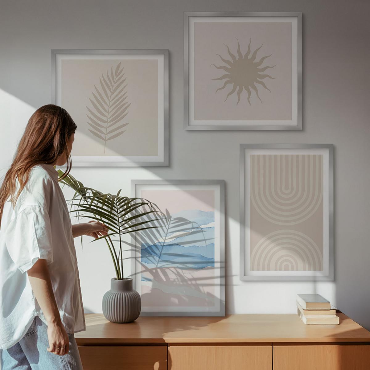 BILDER SET 4er Set - 50x50 cm & 40x60 cm Silberner Rahmen - Abstrakte Linien der Sonnenwellen - Silberfarben, Kunststoff (50/50cm) - TULUP