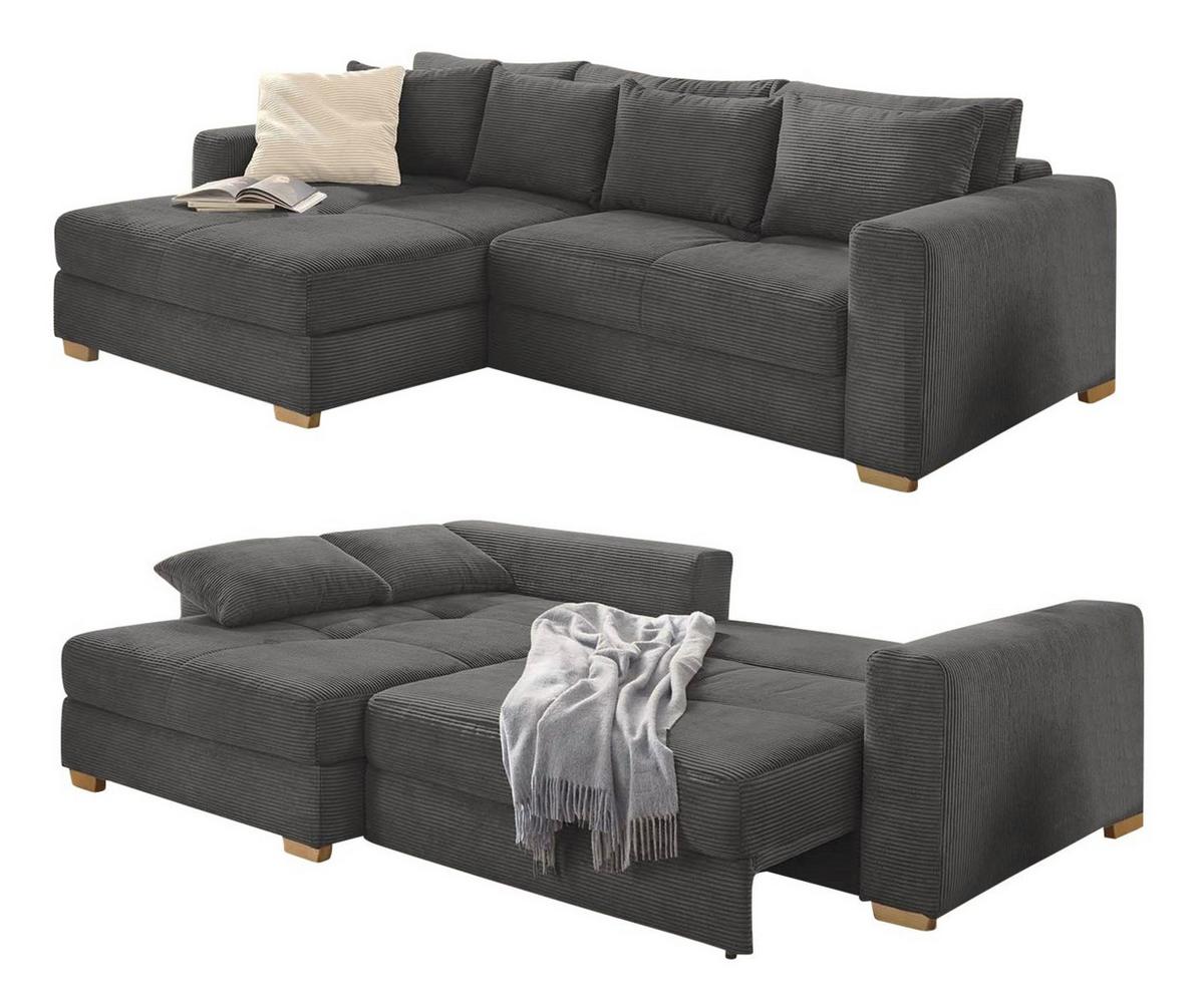 ECKSOFA-DAUERSCHLÄFER Federkern Bettkasten, seitenverkehrt montierbar B288/T186/H86 cm, Liegefl. 153x245 cm, Cord Dunkelgrau / 15153 - Dunkelgrau/Eichefarben, Holz/Textil (288/186cm) - luma-home