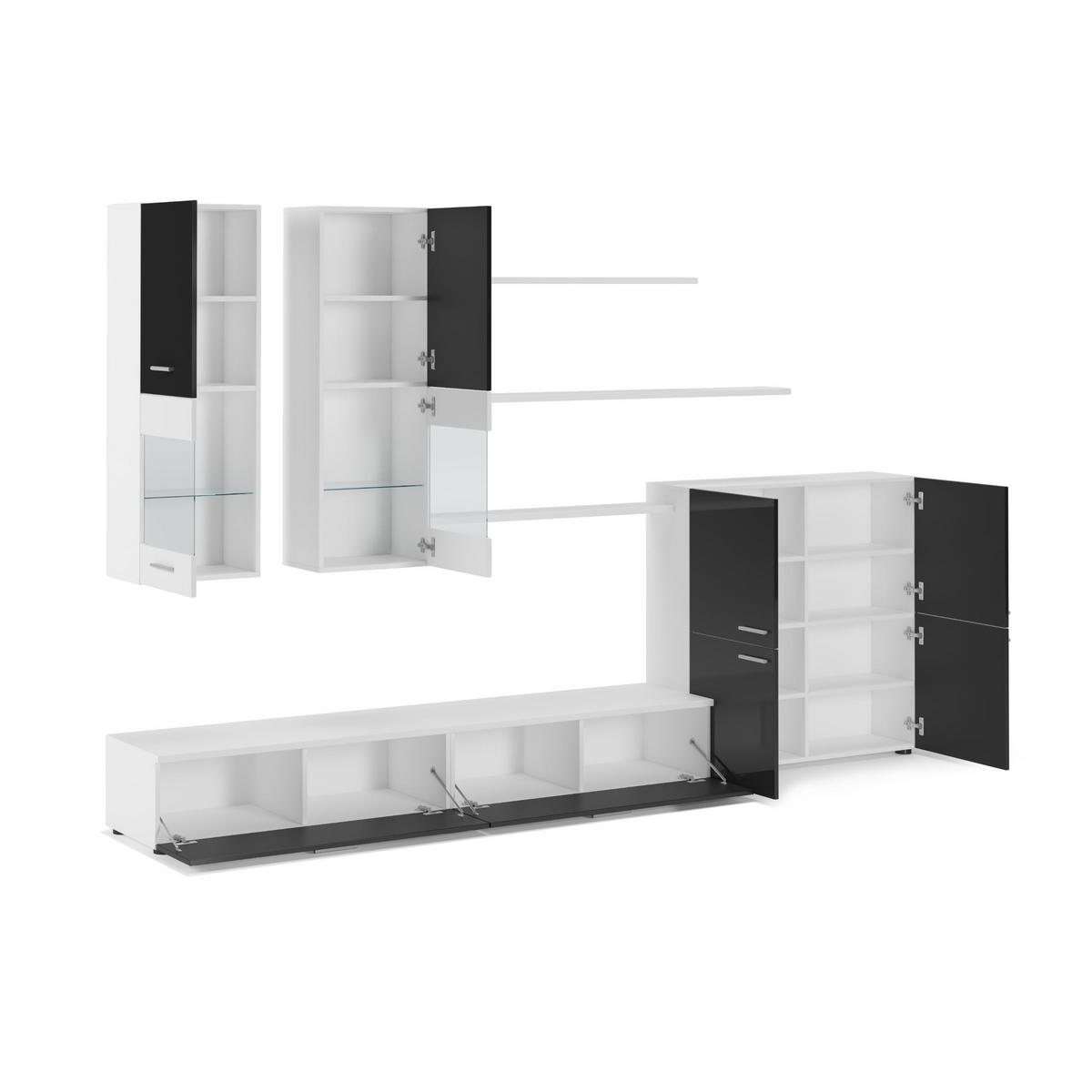 WOHNWAND mit LEDs, weiß, schwarz lackiert, 300/42/189cm - Weiß Hochglanz/Schwarz, Holzwerkstoff/Kunststoff (300/189/42cm) - Skraut Home