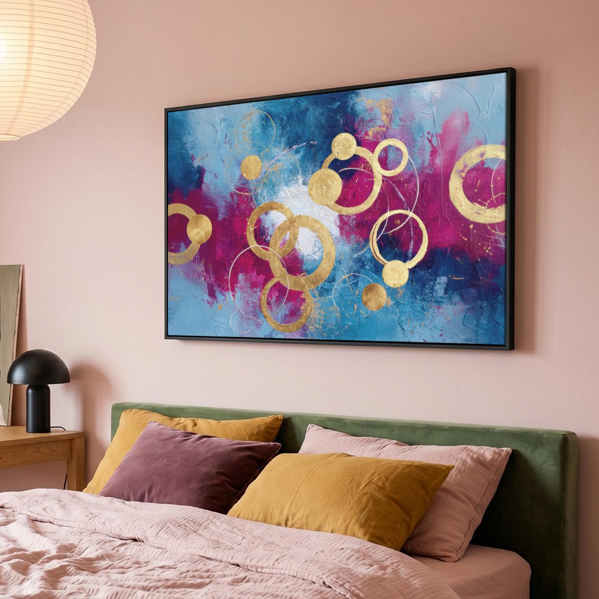 LEINWAND Bilder mit Rahmen - Kreise - Gold - Abstrakt - 150x100 - Blau, Textil (150/100cm) - MuchoWow