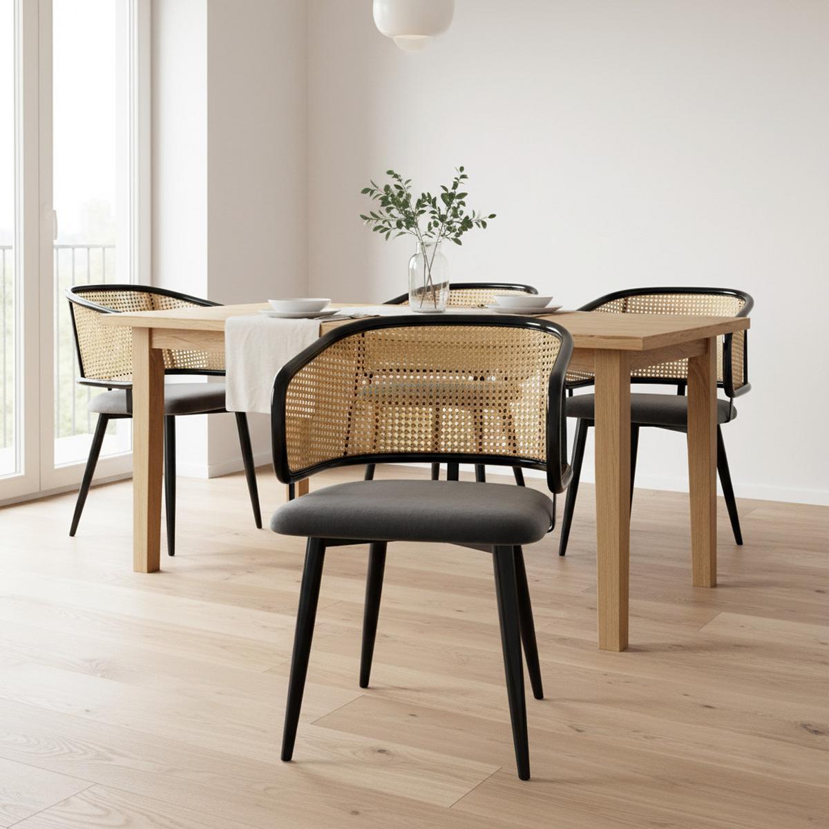 ESSZIMMERSTÜHLE 2er Set Rattan Rückenlehne & Samtsitz - Schwarz/Grau, Leder/Textil (47/79/47cm) - Urban Meuble