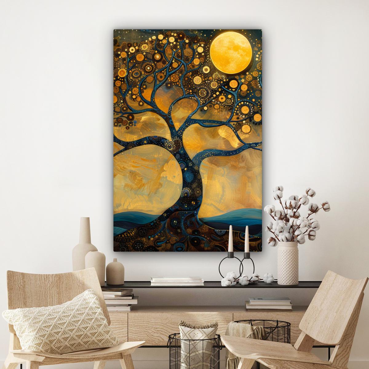 LEINWANDBILD Baum - Mond - Blumen - Gold - Kunst Deko XXL 80x120 cm - Orange, Textil (80/120cm) - MuchoWow