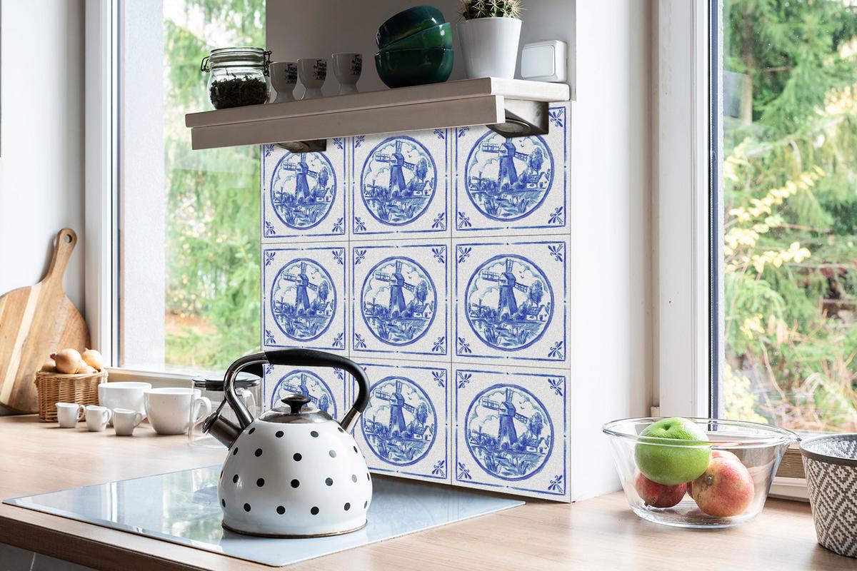 SELBSTKLEBENDE Wandfliesen 9 Stück 30x30 cm - Windmühle im Azulejos-Stil - Blau, Textil (30/1.6/30cm) - TULUP