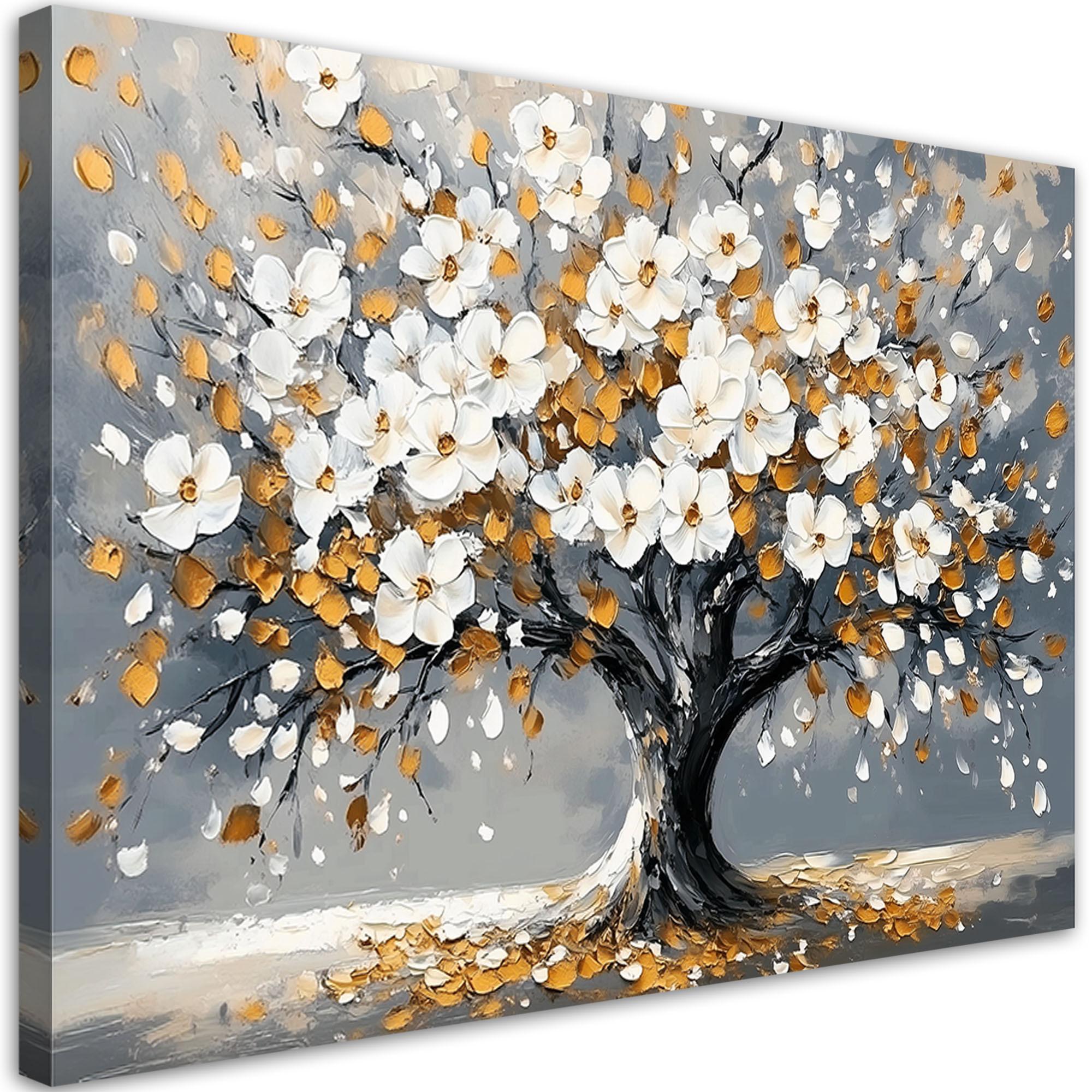 WANDBILD baum des lebens blüht goldene blätter - Weiß, Textil (60/40cm) - Feeby
