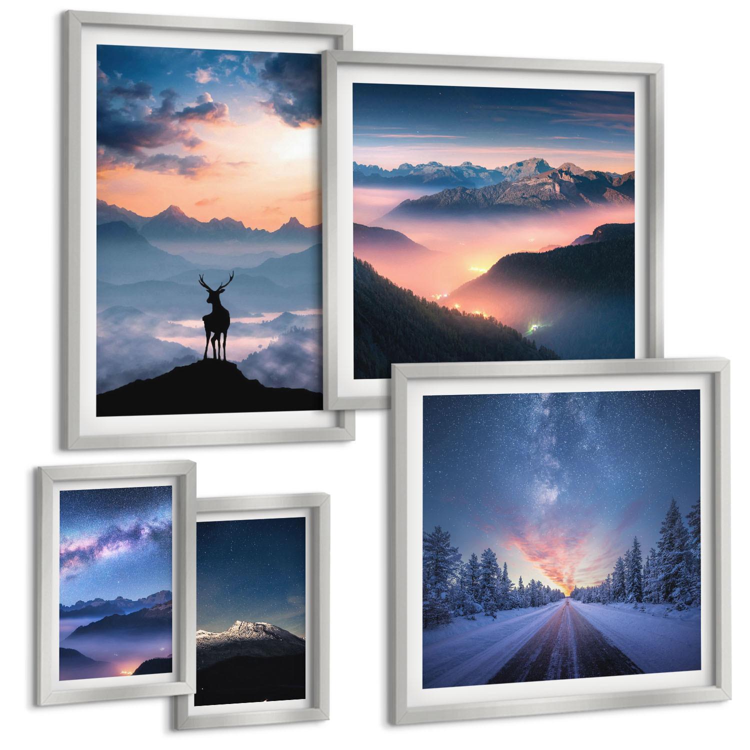 BILDER SET 5er Set - 50x50 cm & 20x30 cm & 40x60 cm Silberner Rahmen - Nachthimmel Berge Nebel Hirsch - Silberfarben, Kunststoff (40/60cm) - TULUP