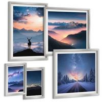 BILDER SET 5er Set - 50x50 cm & 20x30 cm & 40x60 cm Silberner Rahmen - Nachthimmel Berge Nebel Hirsch - Silberfarben, Kunststoff (40/60cm) - TULUP