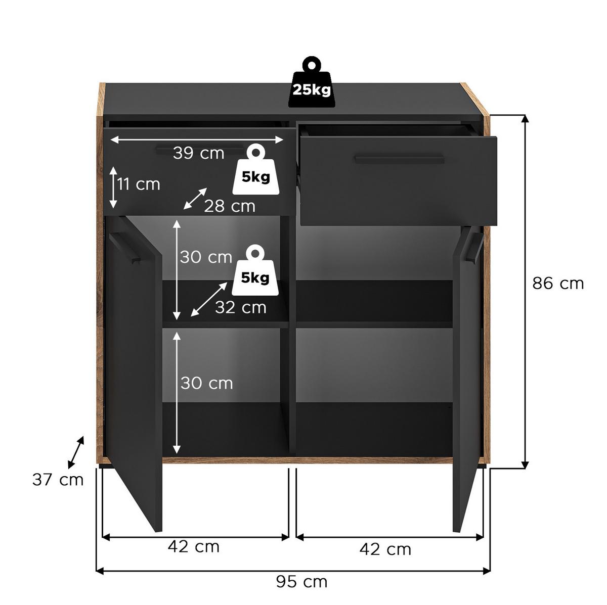 SCHUHSCHRANK grau, Nox Eiche 95 cm, Kommode mit 2 Schubkästen mit Vollauszug - Eichefarben/Schwarz, Holzwerkstoff/Kunststoff (95/86/37cm) - Inn.Furn