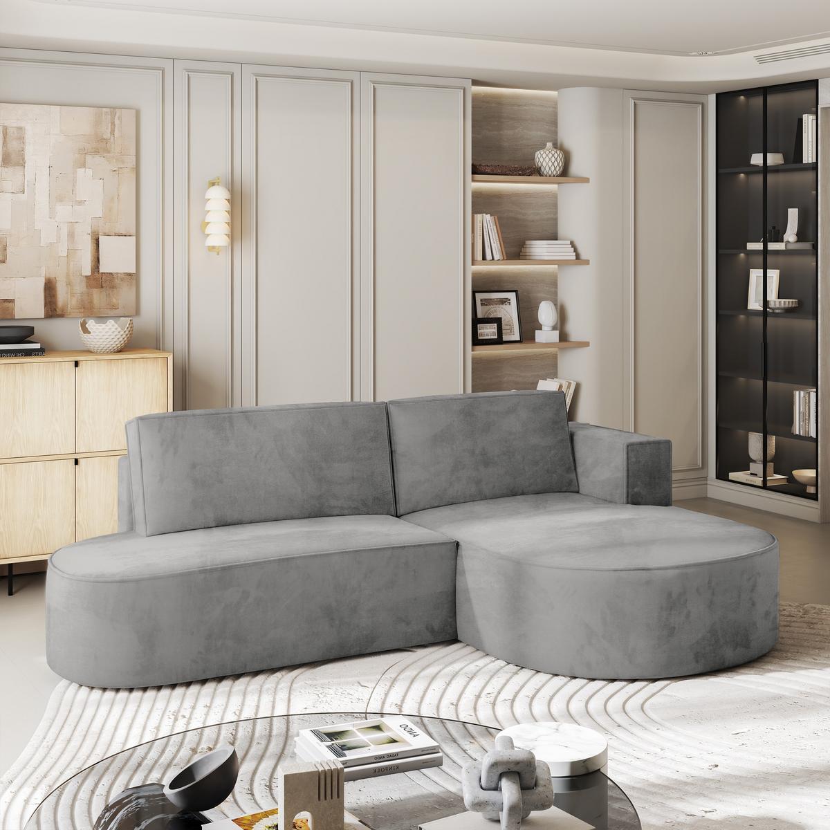 ECKSOFA CORTIO M R-S Grau Velours-Stoff mit Schlaffunktion - Grau, Holz/Kunststoff (265/174cm) - MASSENO