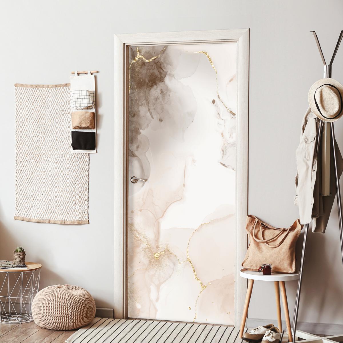 TÜRAUFKLEBER Marmor - Braun - Linie Room Decor 85x205 cm - Türtapete - Champagner, Kunststoff (85/0.1cm) - MuchoWow