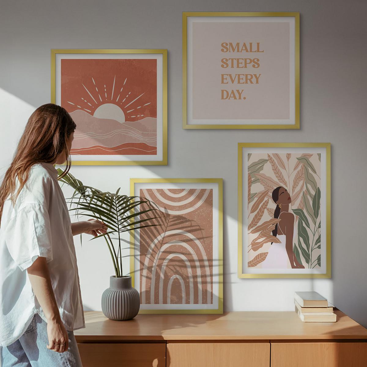BILDER SET 4er Set - 50x50 cm & 40x60 cm Goldrahmen - abstrakte Formen im Boho-Stil - Goldfarben, Kunststoff (50/50cm) - TULUP
