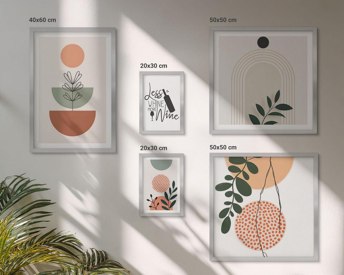 BILDER SET 5er Set - 50x50 cm & 20x30 cm & 40x60 cm Silberner Rahmen - Abstrakte Pflanzenformen - Silberfarben, Kunststoff (40/60cm) - TULUP
