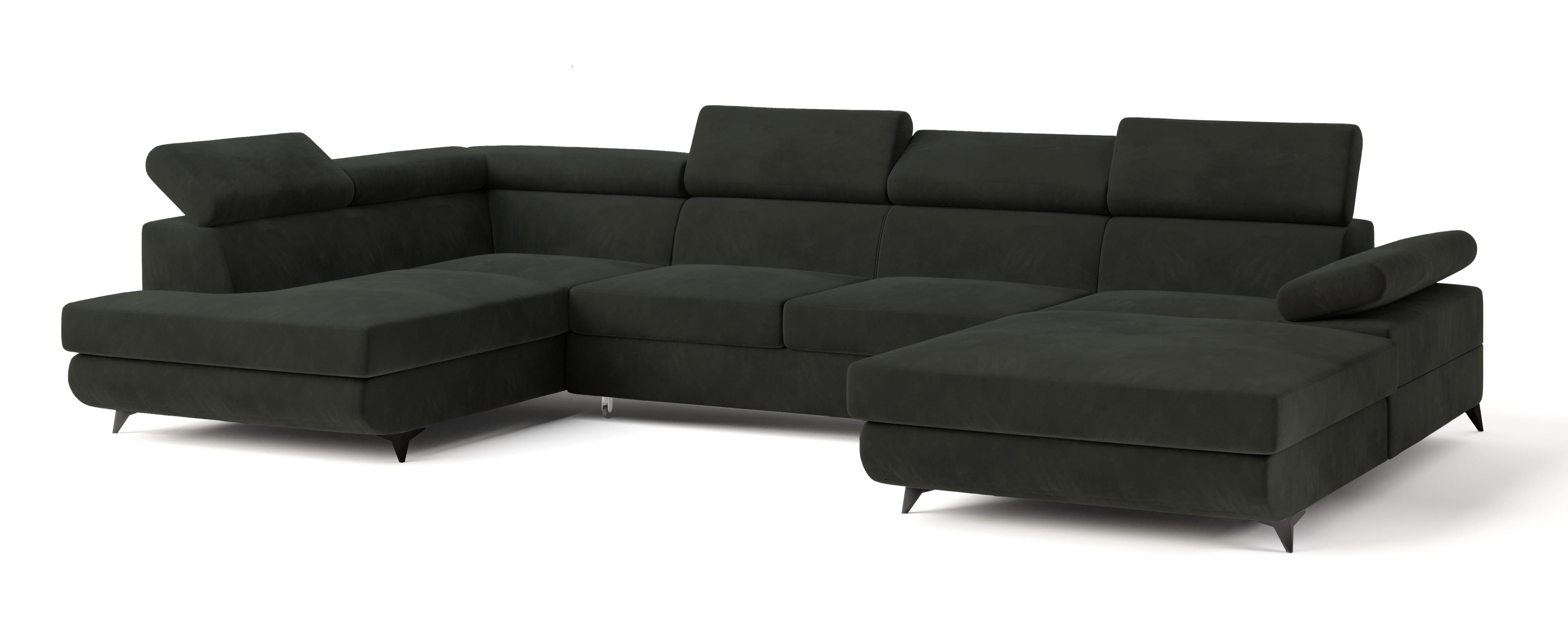 WOHNLANDSCHAFT RUBANO L-S Schwarz Velours-Stoff mit Schlaffunktion - Schwarz, Holz (339/89/190cm) - MASSENO