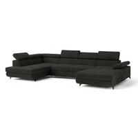 WOHNLANDSCHAFT RUBANO L-S Schwarz Velours-Stoff mit Schlaffunktion - Schwarz, Holz (339/89/190cm) - MASSENO
