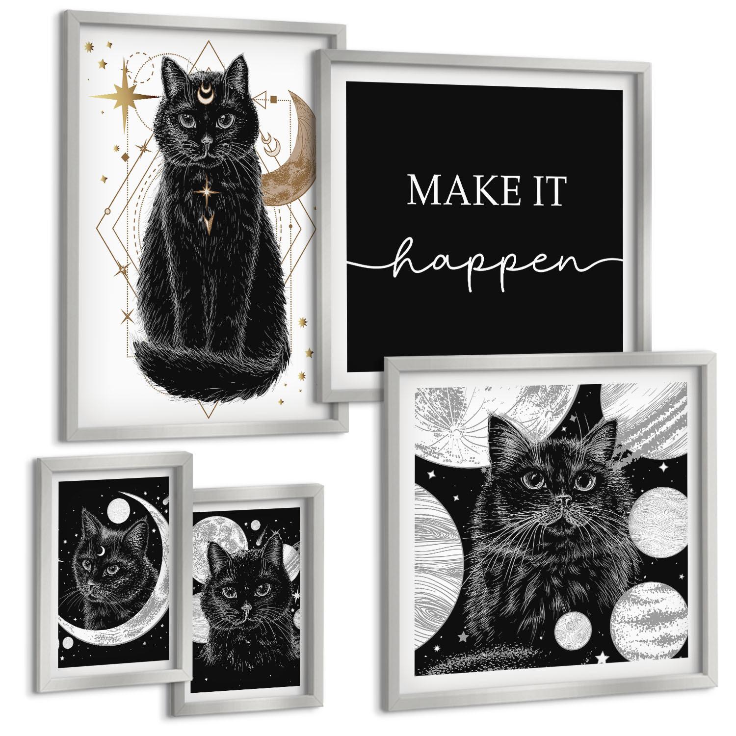 BILDER SET 5er Set - 50x50 cm & 20x30 cm & 40x60 cm Silberner Rahmen - Schwarze Katzen, Mond, Planet - Silberfarben, Kunststoff (40/60cm) - TULUP