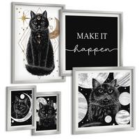 BILDER SET 5er Set - 50x50 cm & 20x30 cm & 40x60 cm Silberner Rahmen - Schwarze Katzen, Mond, Planet - Silberfarben, Kunststoff (40/60cm) - TULUP