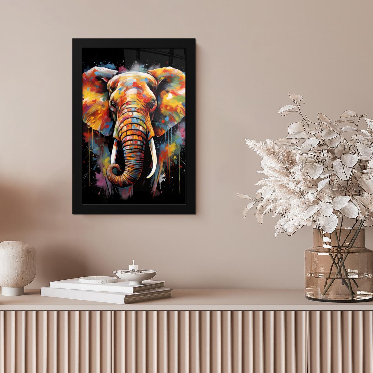 POSTER MIT RAHMEN Elefant - Graffiti - Schwarz - Tiere - Farben Poster 20x30 cm - Schwarz, Papier (20/30cm) - MuchoWow
