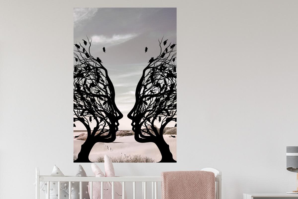 WANDTATTOO Strand - Meer - Menschen - Baum - Moderne Kunst Wandaufkleber 80x120 cm - Hellgrau, Kunststoff (80/120/0.1cm) - MuchoWow
