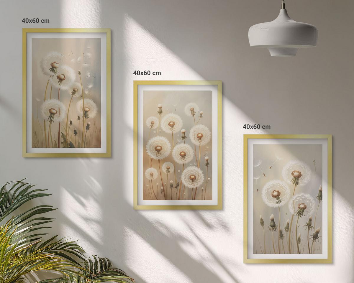 BILDER SET 3er Set - 40x60 cm Goldrahmen - Weiße Löwenzahnblüten auf hellem Hintergrund - Goldfarben, Kunststoff (40/60cm) - TULUP