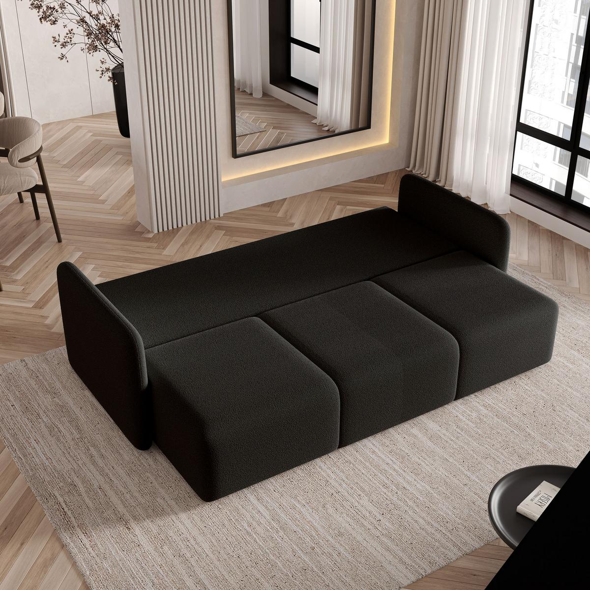 BETTSOFA SUVI III Q Schwarz Bucle-Stoff mit Schlaffunktion - Schwarz, Textil (220/85/90cm) - MASSENO