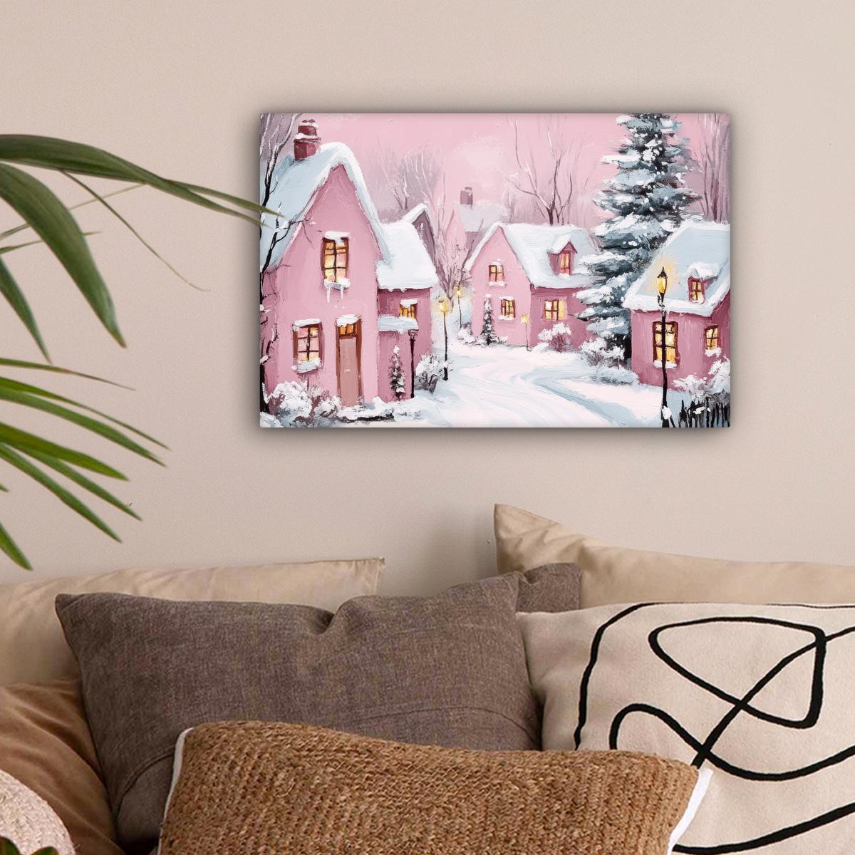 LEINWANDBILD Weihnachtsdorf - Rosa - Winter - Schnee - Häuser Deko Schlafzimmer 30x20 cm - Altrosa, Textil (30/20cm) - MuchoWow
