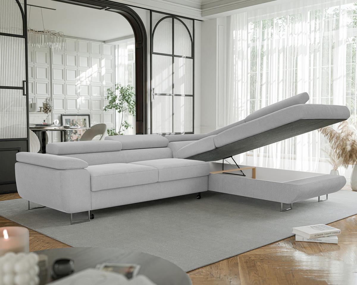 ECKSOFA ANTON rechts, mit Schlaffunktion und Bettkasten Hellgrau - Chromfarben/Hellgrau, Textil/Metall (274/203cm) - Idohome