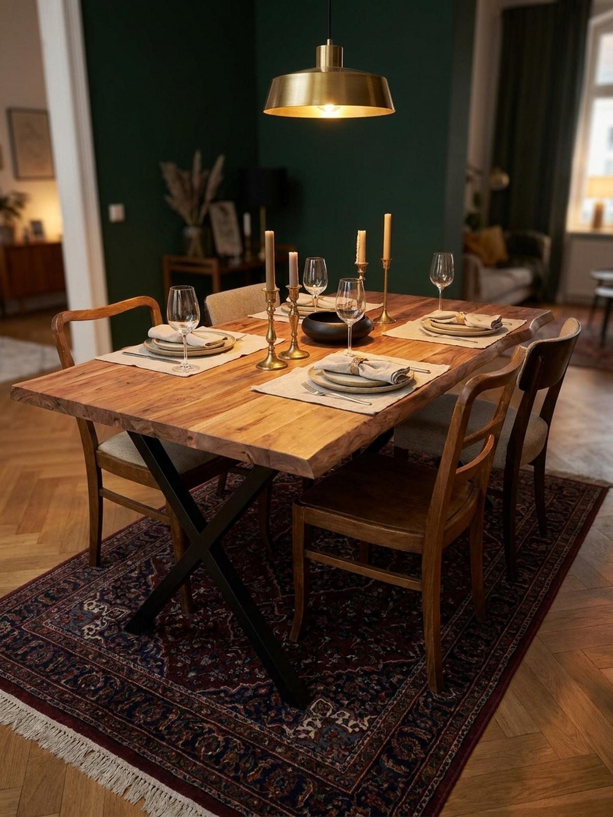 ESSTISCH Massivholz Metall X-Gestell Baumkante Industrial KRETA, Goldbraun-Schwarz 120x60x76 cm - Schwarz/Braun, Holz/Metall (60/120/76cm) - KADIMA DESIGN