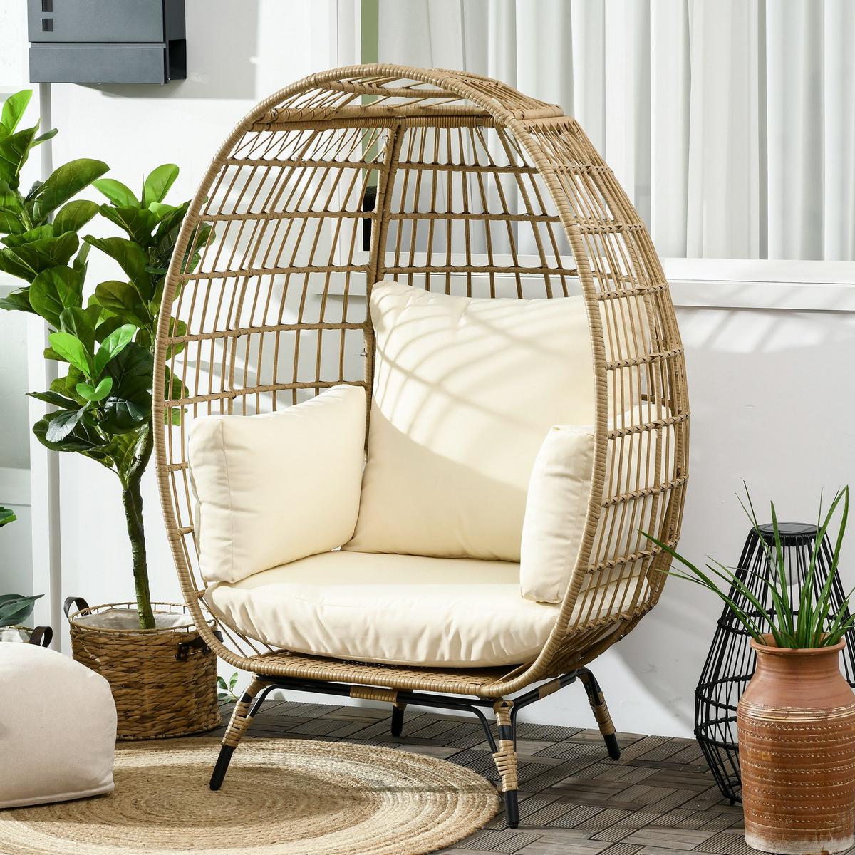 RATTANSESSEL in Korbform, für Balkon, Terrasse, Metall, Khaki, 105 x 90 x 148 cm - Beige, Kunststoff (90/148/105cm) - Outsunny