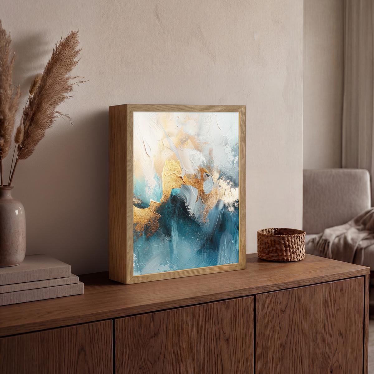 WANDLEUCHTE MIT AKKU Abstrakt - Kunst - Gold - Blau 30x40 cm - Türkis, Holzwerkstoff (30/40/8cm) - OnlyWow