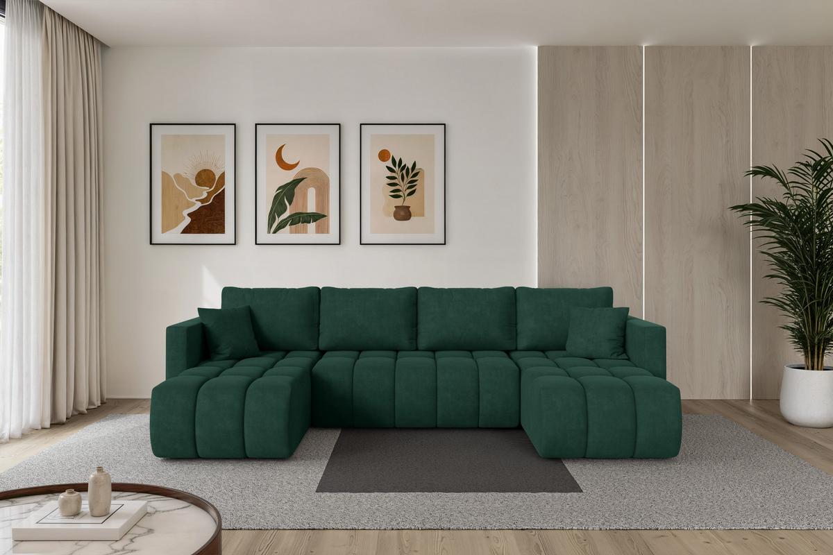WOHNLANDSCHAFT mit Schlaffunktion und Bettkasten GARD-U 300x146x85 Grün Velours - Schwarz/Grün, Holzwerkstoff/Kunststoff (300/85/146cm) - ALTDECOR
