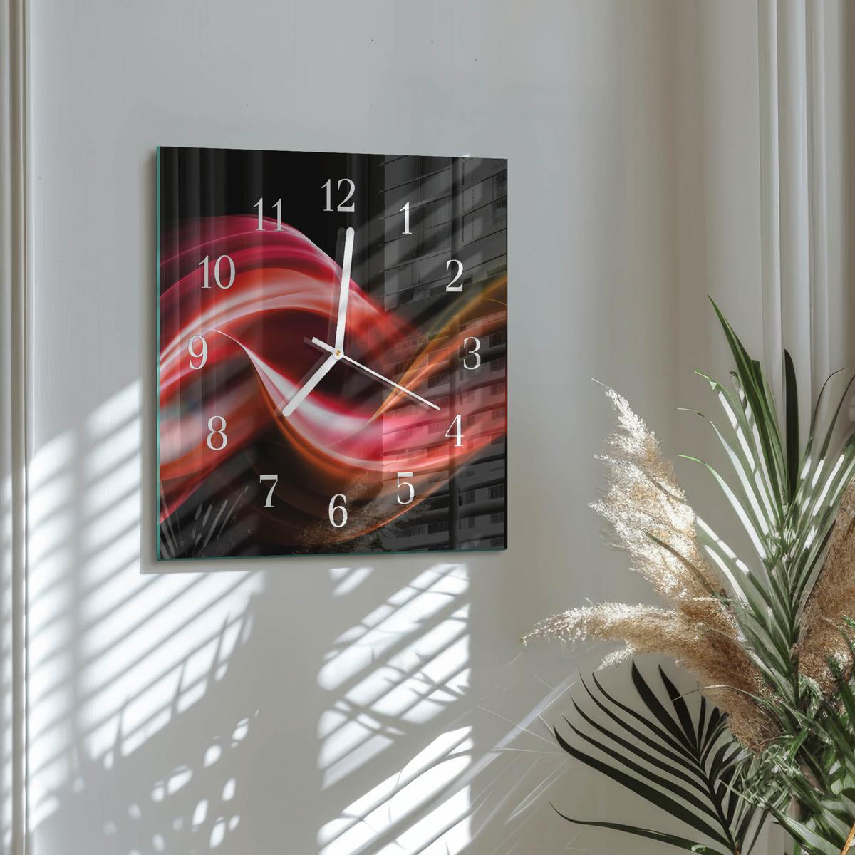WANDUHR aus Glas 30x30 cm - Abstrakte Linien - Rot, Glas (30/30/0.4cm) - TULUP