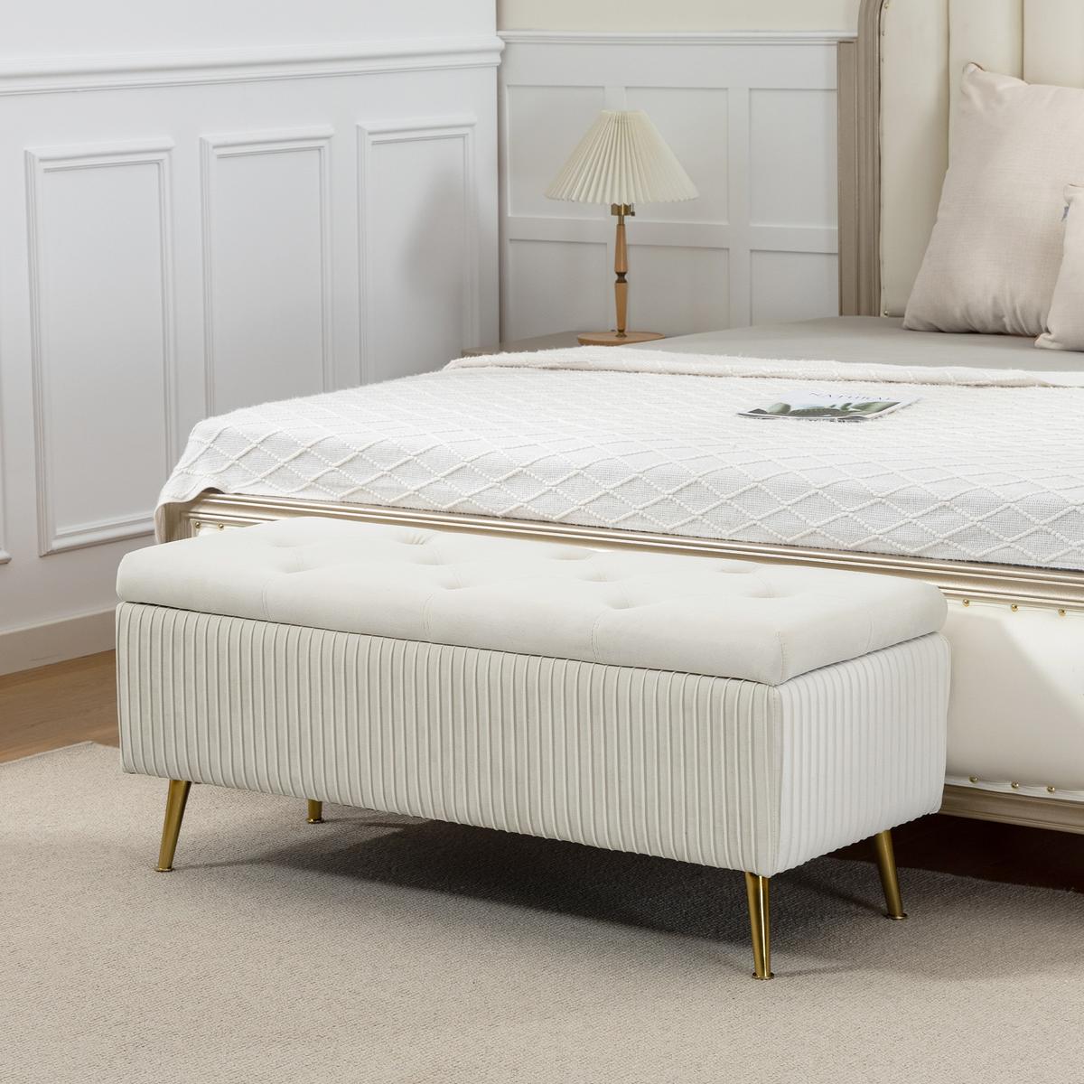 SITZTRUHE Mehrschichtholz Schaumstoff Samt Eisen Cremeweiß - Goldfarben/Creme, Textil/Metall (44.5/46/110cm) - HOMCOM
