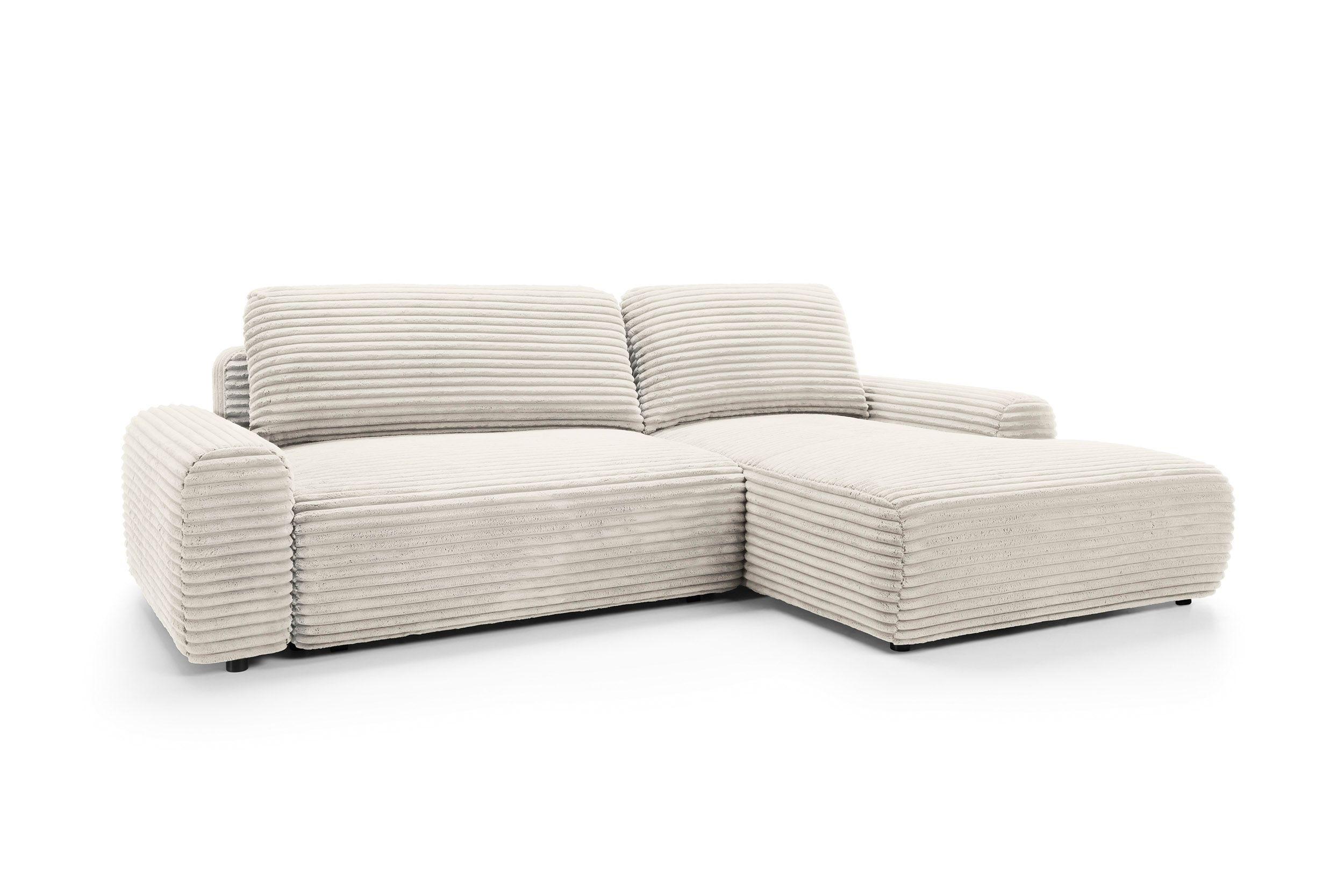 ECKSOFA OSSO Creme Velours-Stoff mit Schlaffunktion - Creme, Holz (264/162cm) - MASSENO