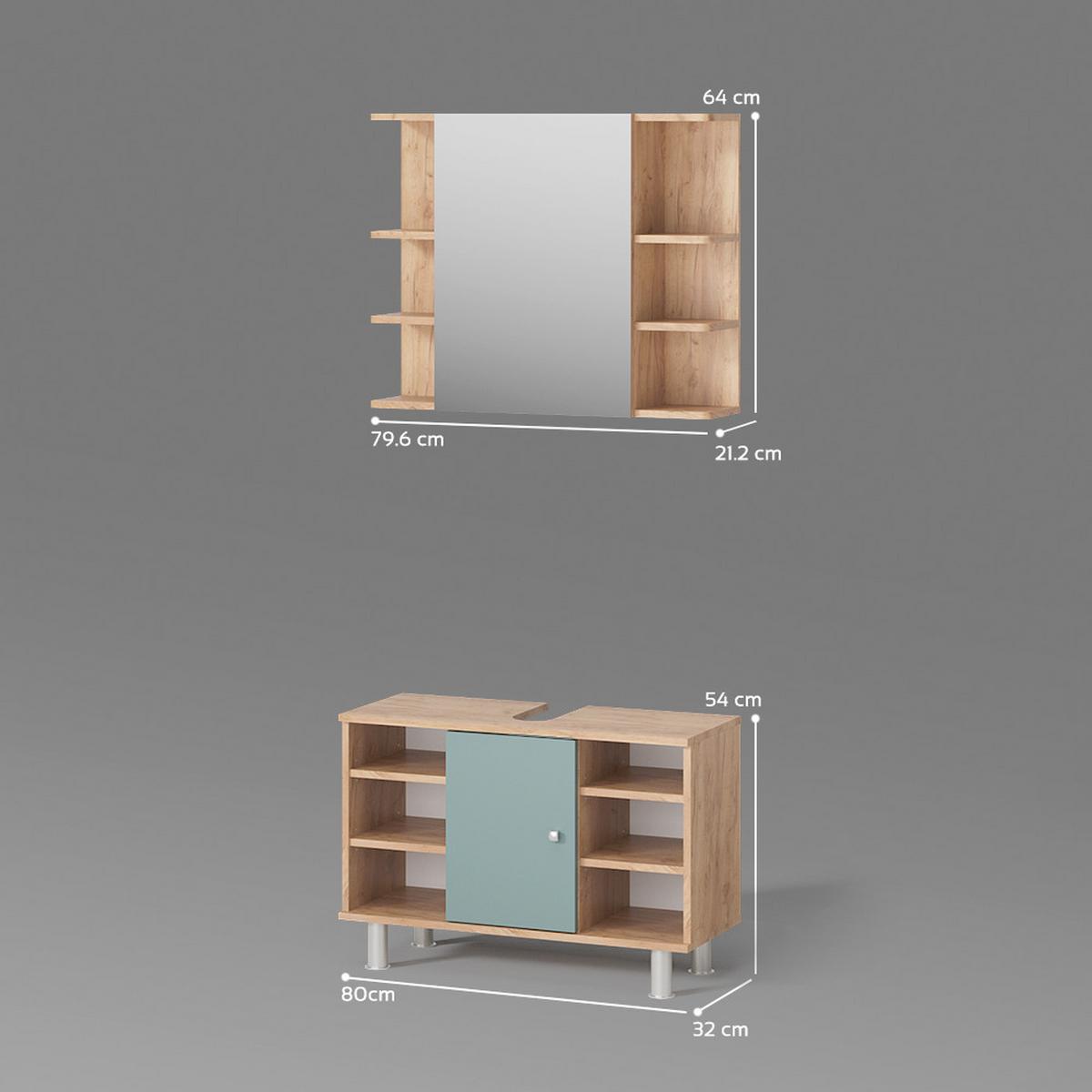 BADMÖBEL-SET Fucino Grün 2 Teile, Unterschrank 80 cm - Grün, Holzwerkstoff (60/54/32cm) - Livinity®
