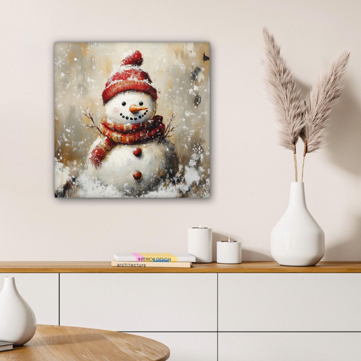 LEINWANDBILD Schneemann - Winter - Schnee - Beige Wandbild Wohnzimmer 50x50 cm - Weiß, Textil (50/50cm) - MuchoWow