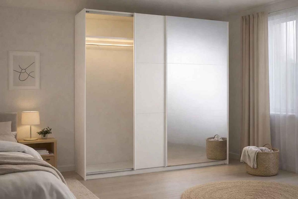 SCHWEBETÜRENSCHRANK RADEN 221/207/60cm 2-türig mit Spiegel Weiß - Weiß, Holzwerkstoff (221/207/60cm) - MASSENO