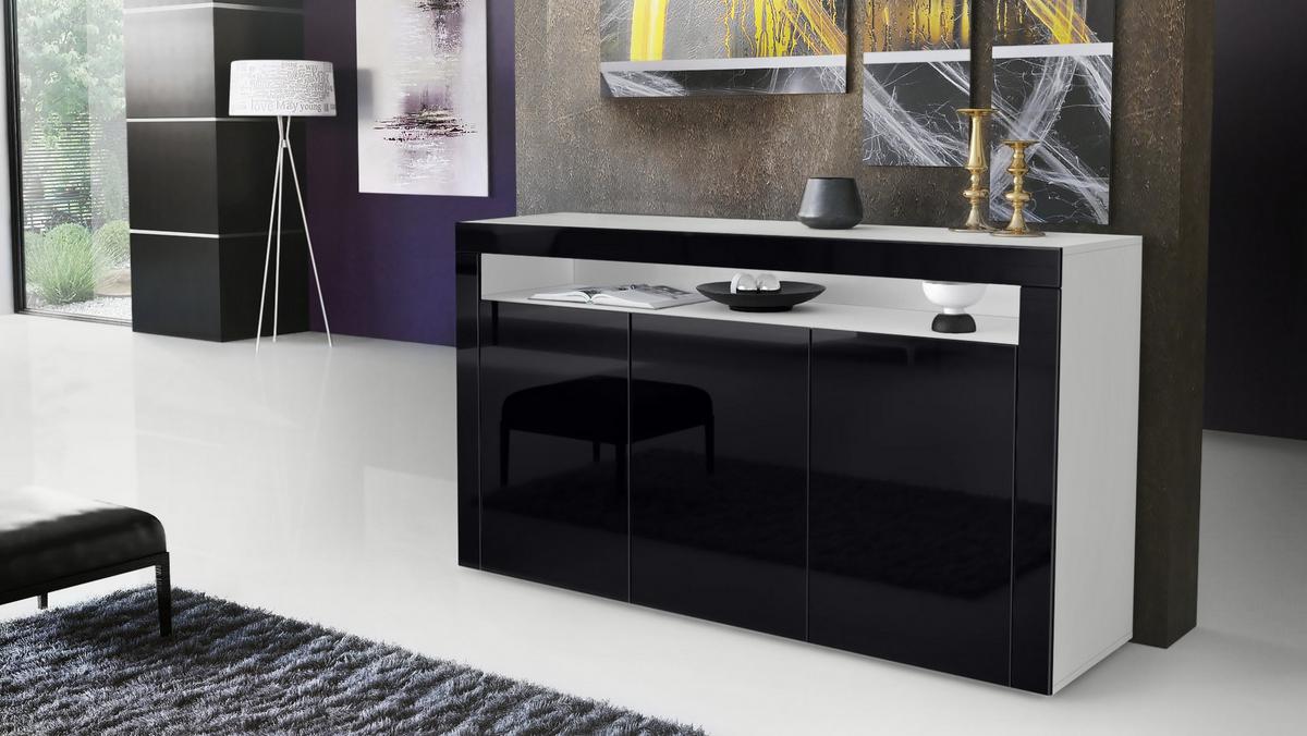 SIDEBOARD Valencia Schwarz Hochglanz / Schwarz Hochglanz - Schwarz Hochglanz, Holzwerkstoff (155/92/40cm) - Vladon
