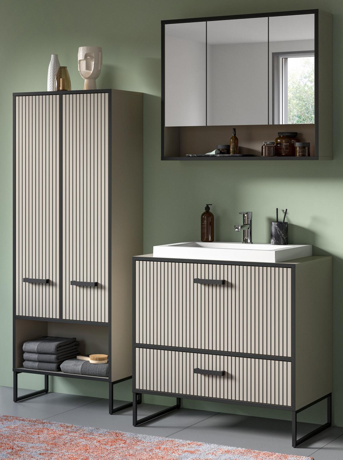 BADMÖBEL-SET schwarz, sand mit Waschbecken 154 cm, Kombination mit Soft-Close - Sandfarben/Schwarz, Glas/Keramik (154/192/48cm) - Inn.Furn