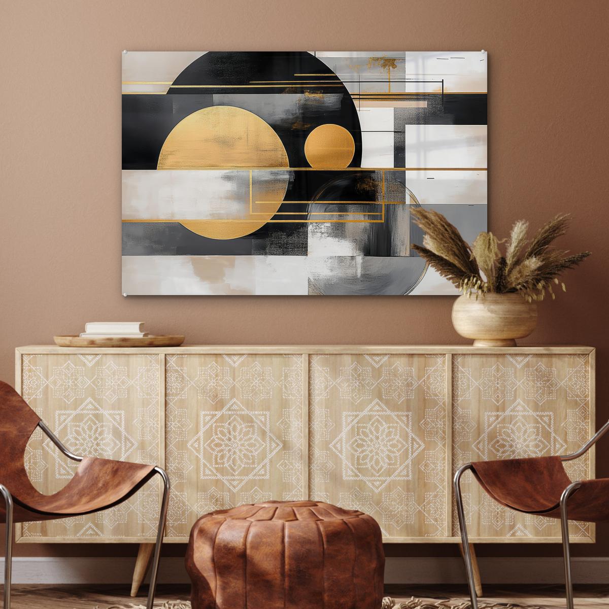 ACRYLGLASBILD Abstrakt - Gold - Silber - Formen - Ästhetisch - Modern Room Decor 90x60 cm - Goldfarben, Glas (90/60cm) - MuchoWow