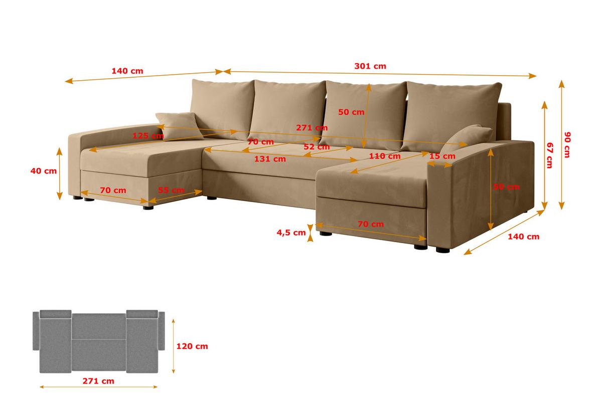 WOHNLANDSCHAFT mit Schlaffunktion und Bettkasten ALESIA-U 301x140x90 cm Beige Velours - Beige/Silberfarben, Holzwerkstoff/Kunststoff (301/90/140cm) - ALTDECOR
