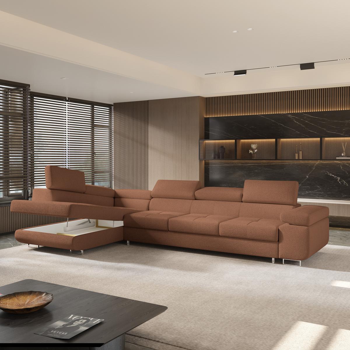ECKSOFA VICENTE Kupferfarben Boucle-Stoff mit Schlaffunktion - Kupferfarben, Holz (346/202cm) - MASSENO