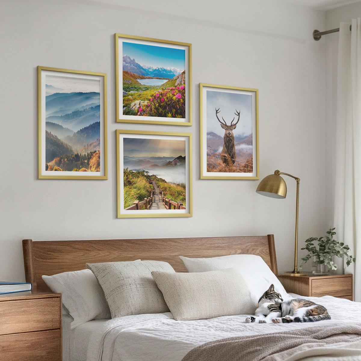 BILDER SET 4er Set - 50x50 cm & 40x60 cm Goldrahmen - Berglandschaft, See, Hirsche - Goldfarben, Kunststoff (50/50cm) - TULUP