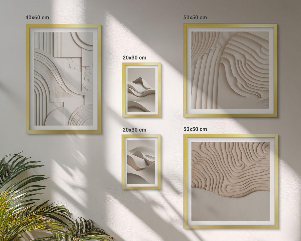 BILDER SET 5er Set - 50x50 cm & 20x30 cm & 40x60 cm Goldrahmen - Abstrakte beige Wellen - Goldfarben, Kunststoff (40/60cm) - TULUP