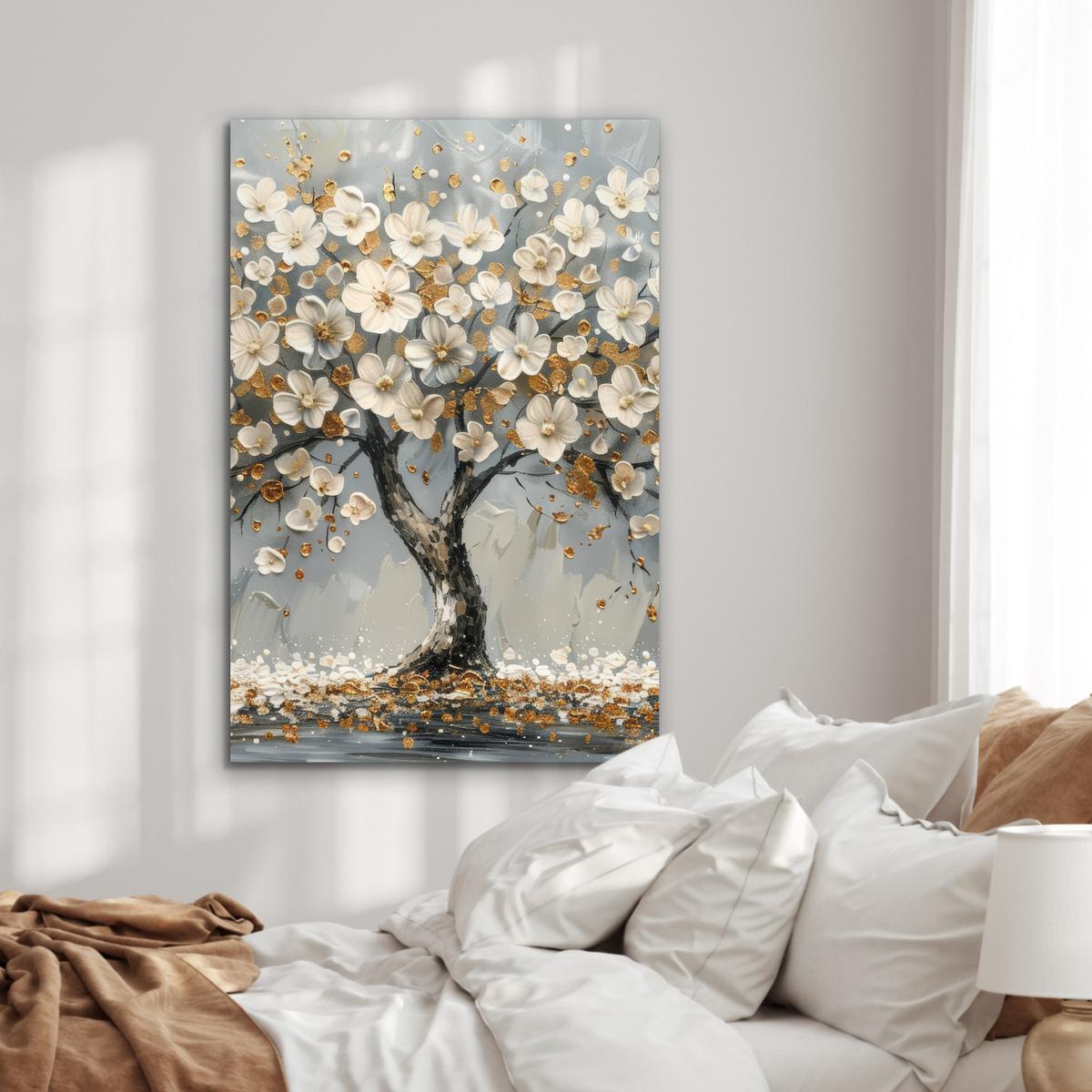 METALLBILD Baum - Blumen - Weiß - Natur - Kunst 80x120 cm - Weiß, Metall (80/120cm) - MuchoWow