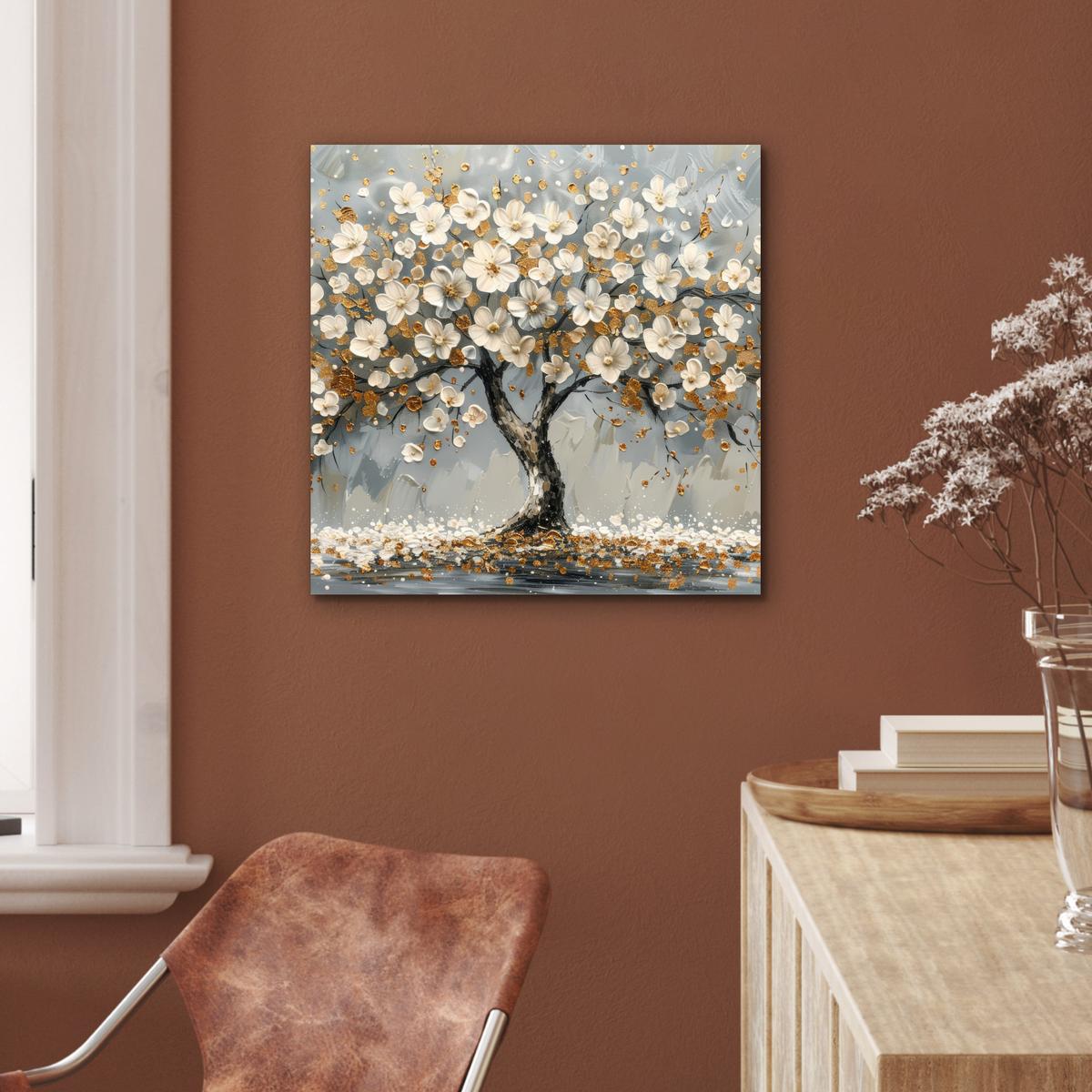 METALLBILD Baum - Blumen - Weiß - Natur - Kunst 50x50 cm - Weiß, Metall (50/50cm) - MuchoWow