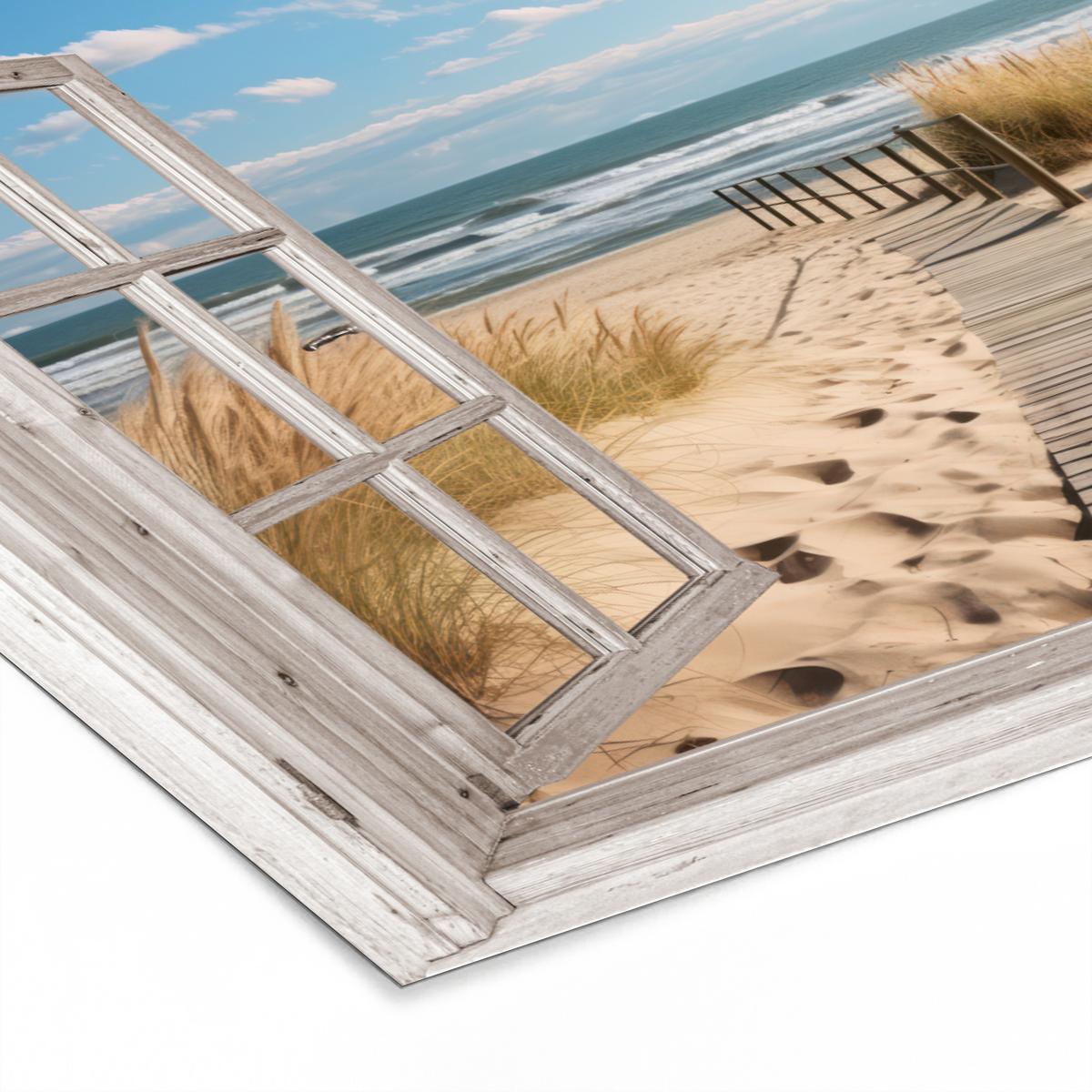 POSTER MIT RAHMEN Fenster - Meer - Küste - Natur - Ausblick - Strand - Wattenmeer 120x80 cm - Beige, Papier (120/80cm) - MuchoWow