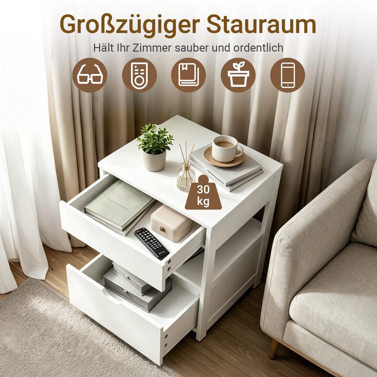 NACHTTISCH 4-in-1 Ladefunktion mit Schublade und Ablage, Weiß 45x38x55,5cm - Weiß, Holzwerkstoff (45/55/38cm) - SoBuy