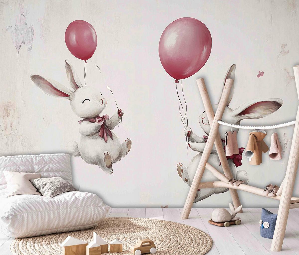 FOTOTAPETE Kinderzimmer Kaninchen Luftballons 400x280 - Multicolor, Papier (400/280cm) - Wallarena