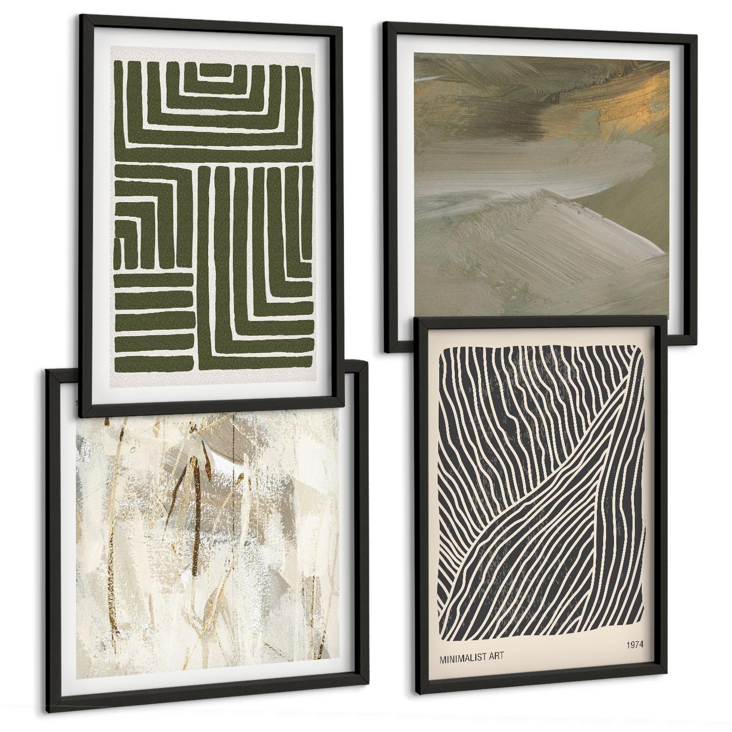 BILDER SET 4er Set - 50x50 cm & 40x60 cm Schwarzer Rahmen - Formmuster in Grün - Schwarz, Kunststoff (50/50cm) - TULUP